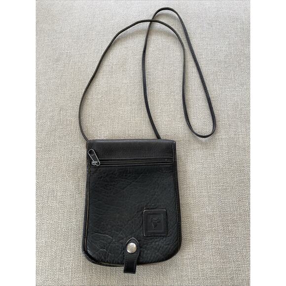 Vtg Saddle Branded Black Leather Crossbody Purse Snap Latch Zip Travel 6"x7.5" - Picture 1 of 15